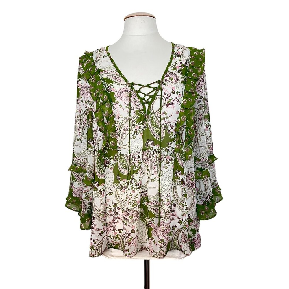 Cottagecore Sheer Ruffle Womens Lg Green Pink Paisley Floral Tunic Top Boho Ties